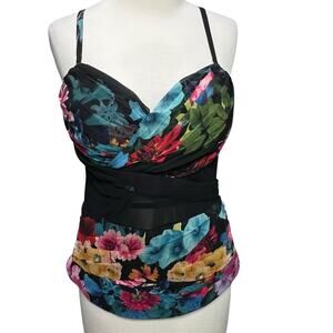 Bebe Bustier Corset‎ Top Womens 8 Black Multicolor Floral Pleated Lined Coquette